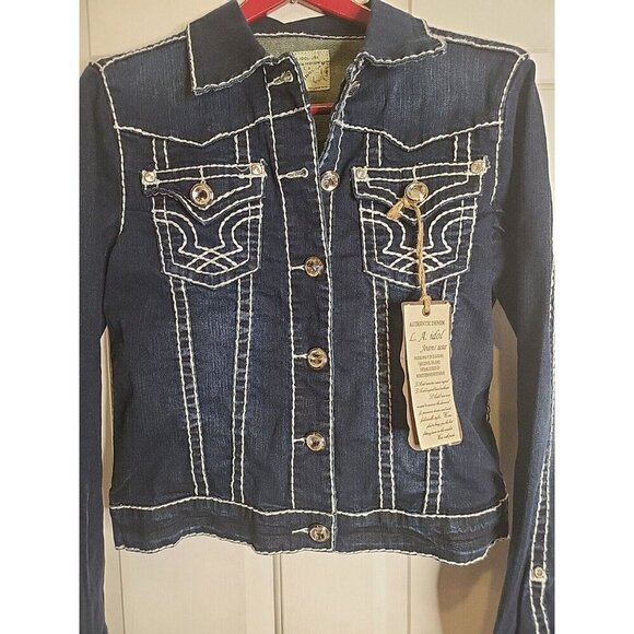 LA Idol NEW Women's Jean Jacket Large Blue Cotton Blend Regular Fit Denim - Picture 9 of 10